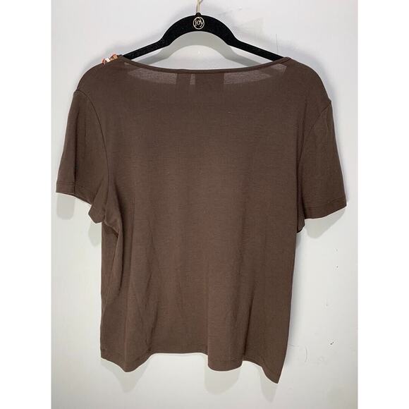 Alfred Dunner Petite M Brown Top With Multi-Color Neckline - Picture 2 of 3